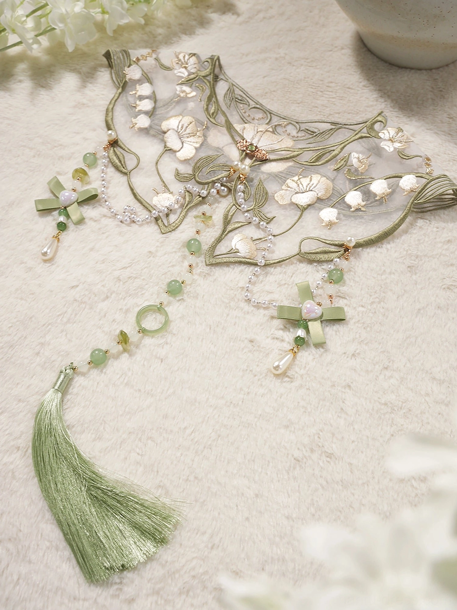 Embellished Hanfu yunjian cloud collar with floral embroidery metallic thread green beads tassel and sheer mesh base