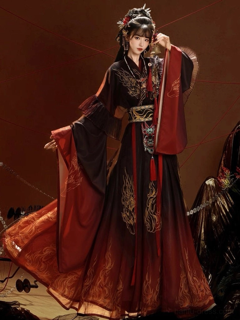 Embroidered Wei Jin Dynasty Hanfu inspired by Chinese Nuo opera featuring wide red-lined sleeves, golden dragon and flame embroidery, layered tops, and matching waist decoration