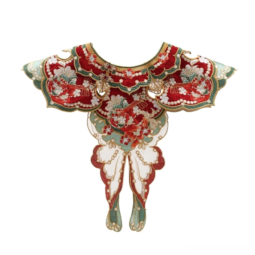 Standalone embroidered red and dark green Yunjian cloud collar accessory with gold-tone edging and butterfly pendant details for Hanfu styling