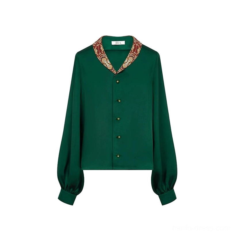 Flat front display of the emerald green satin long sleeve Hanfu top with embroidered shawl collar, front button closure, and elasticated lantern sleeve cuffs