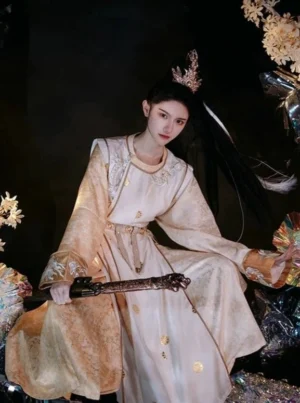 Eternal Dawn Tang Dynasty hanfu robe in light gold and beige with dragon-inspired embroidery, round neckline, metal waist belt, traditional hair crown, and antique sword
