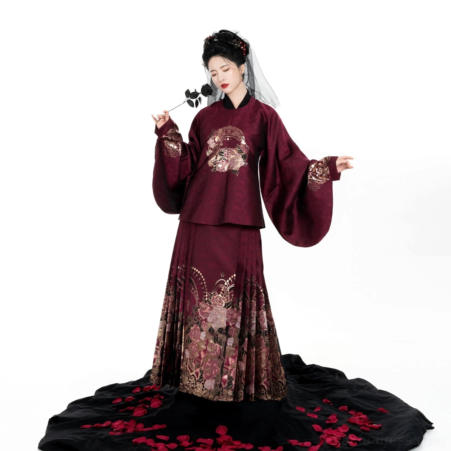 Complete Eternal Night Rose Ming Dynasty Hanfu outfit shown from the side with a burgundy embroidered top and matching mamianqun