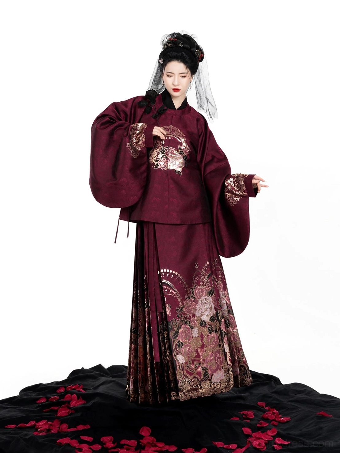 Three-quarter front view of the Eternal Night Rose modern Ming Dynasty Hanfu with a flowing floral mamian skirt