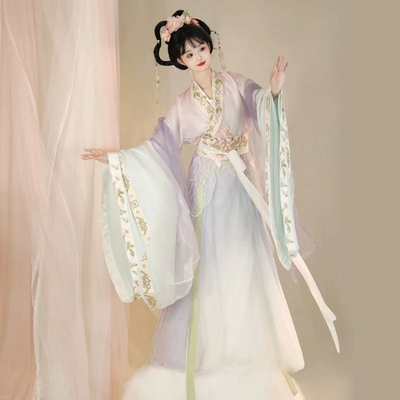 Full front view of ethereal Wei Jin Dynasty Qiyao Ruqun Hanfu with pastel gradient skirt, embroidered collar, matching sash, and flowing long sleeves