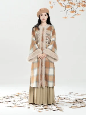 Evening Breeze and Snow Modern Hanfu plaid coat and pleated skirt full outfit front view with beret