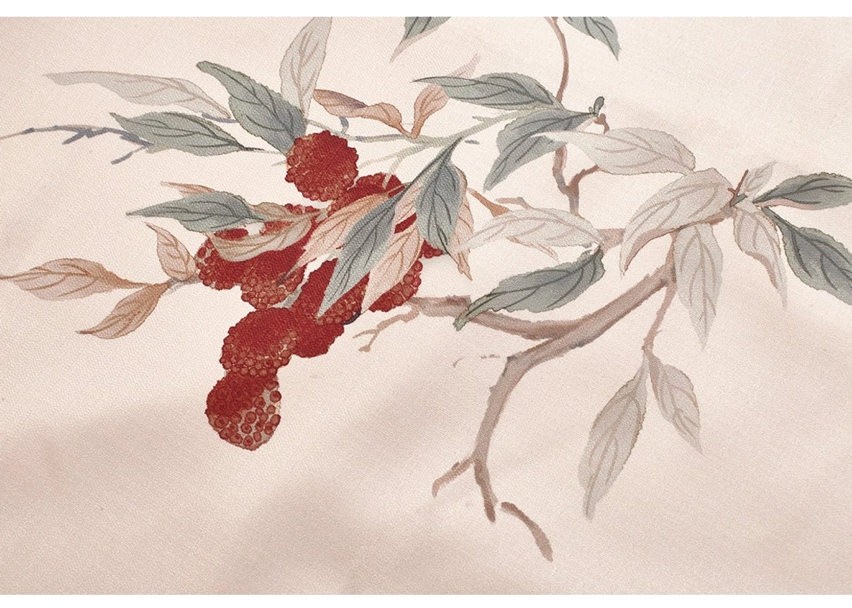 Evening Magpie Hanfu printed fabric close-up showing an off-white ground with delicate lychee branches and green leaves