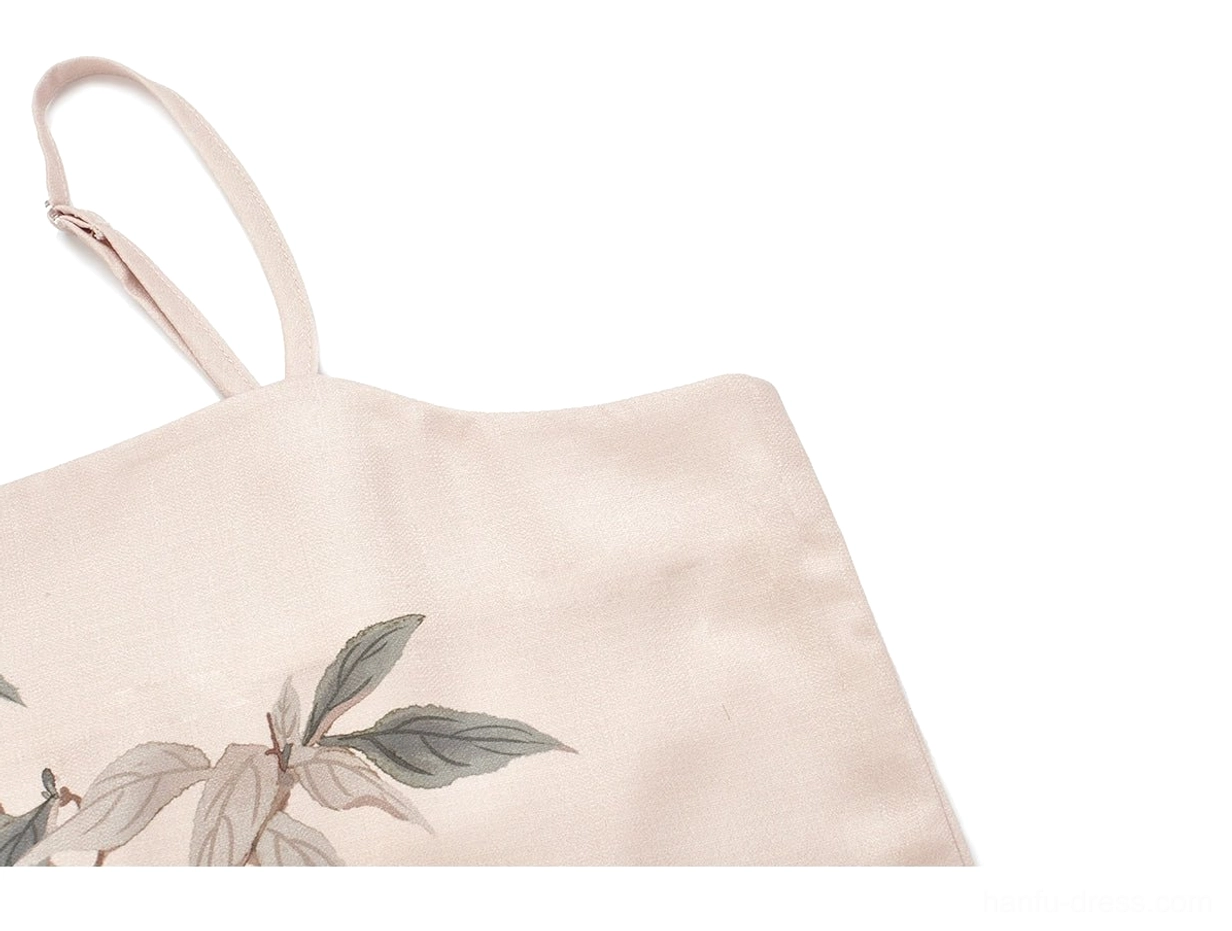 Evening Magpie Song Dynasty Hanfu camisole shown flat with light beige fabric, slim straps, and subtle leaf print