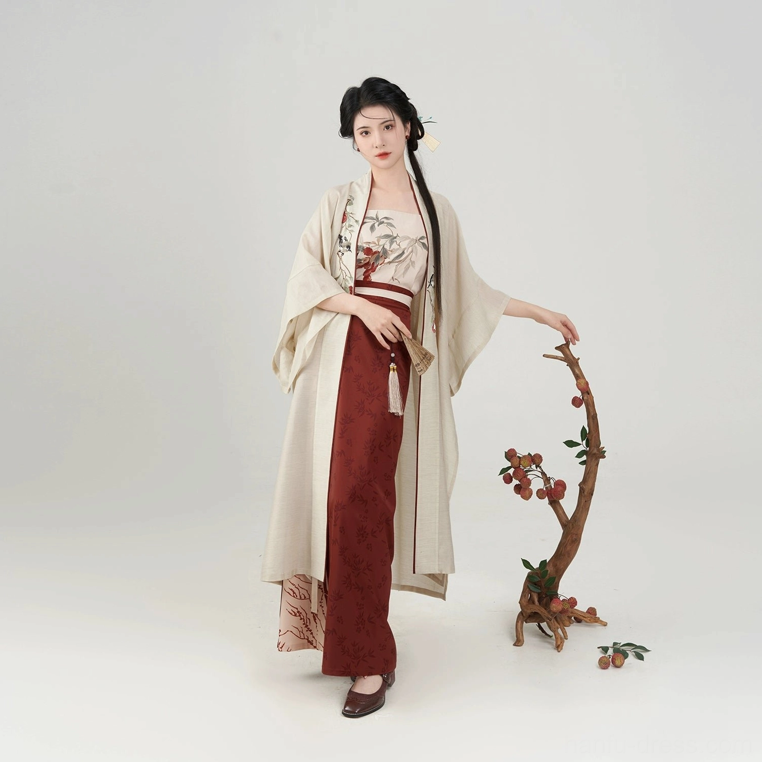 Evening Magpie Song Dynasty Hanfu full set product image with beige satin-brocade overcoat, patterned camisole, and dark red skirt