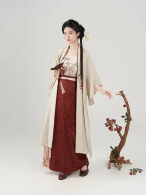 Evening Magpie modern Song Dynasty Hanfu three-quarter view showing the layered beige overcoat, maroon sash, and flowing red skirt