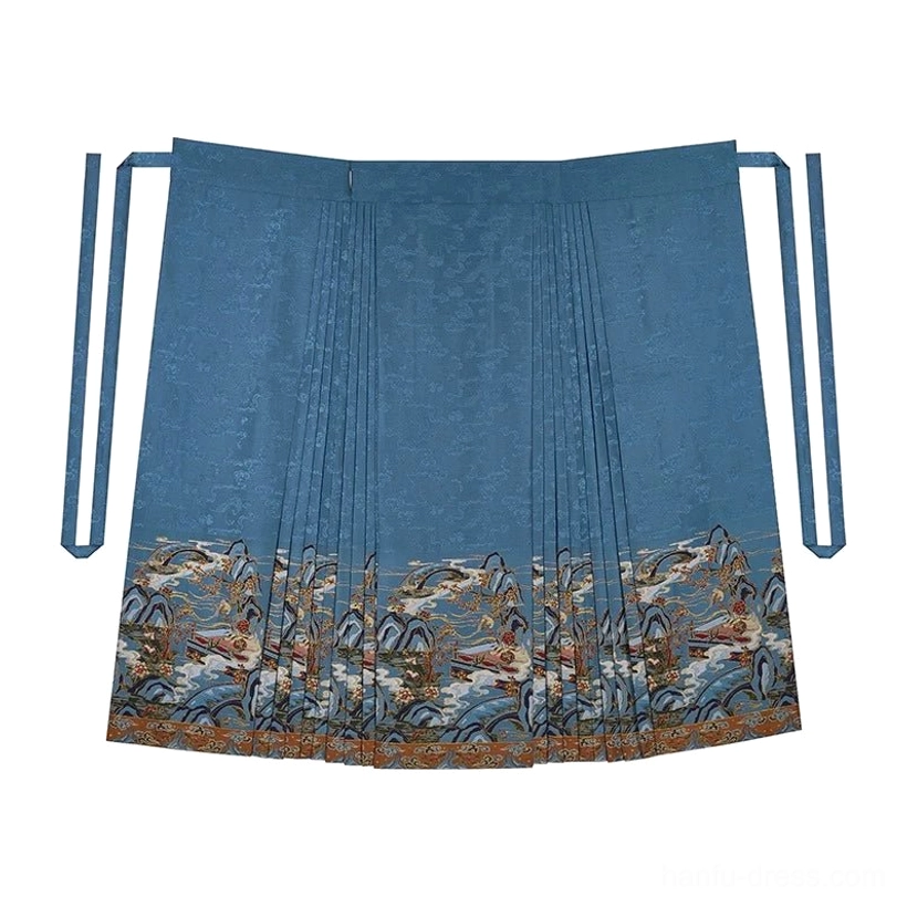 Overhead flat lay of dusty blue pleated Ming Dynasty mamianqun horse-face skirt with landscape and bird hem print and side waist ties