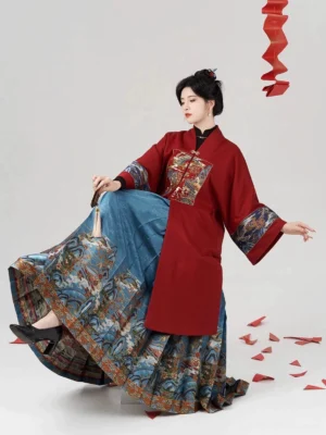 Fairy Feathers Ming Dynasty Hanfu outfit with wine red cross-collar coat and blue pleated mamianqun horse-face skirt, three-quarter seated view