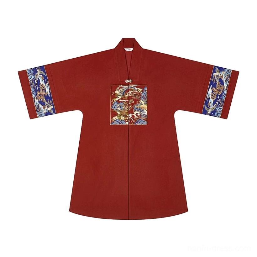 Flat lay of wine-red Ming Dynasty Hanfu cross-collar wool overcoat with embroidered chest motif, patterned blue gold cuffs and hidden closure