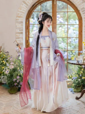 Front view of a fairy-style Song Dynasty Qiyao Ruqun Hanfu with a light purple sheer Beizi, pink and white gradient skirt, floral embroidery, and traditional hair ornaments