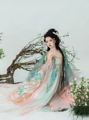 Fairy style Tang Dynasty Hanfu Qixiong Ruqun viewed from the side with flowing pleated skirt train and delicate floral embroidery
