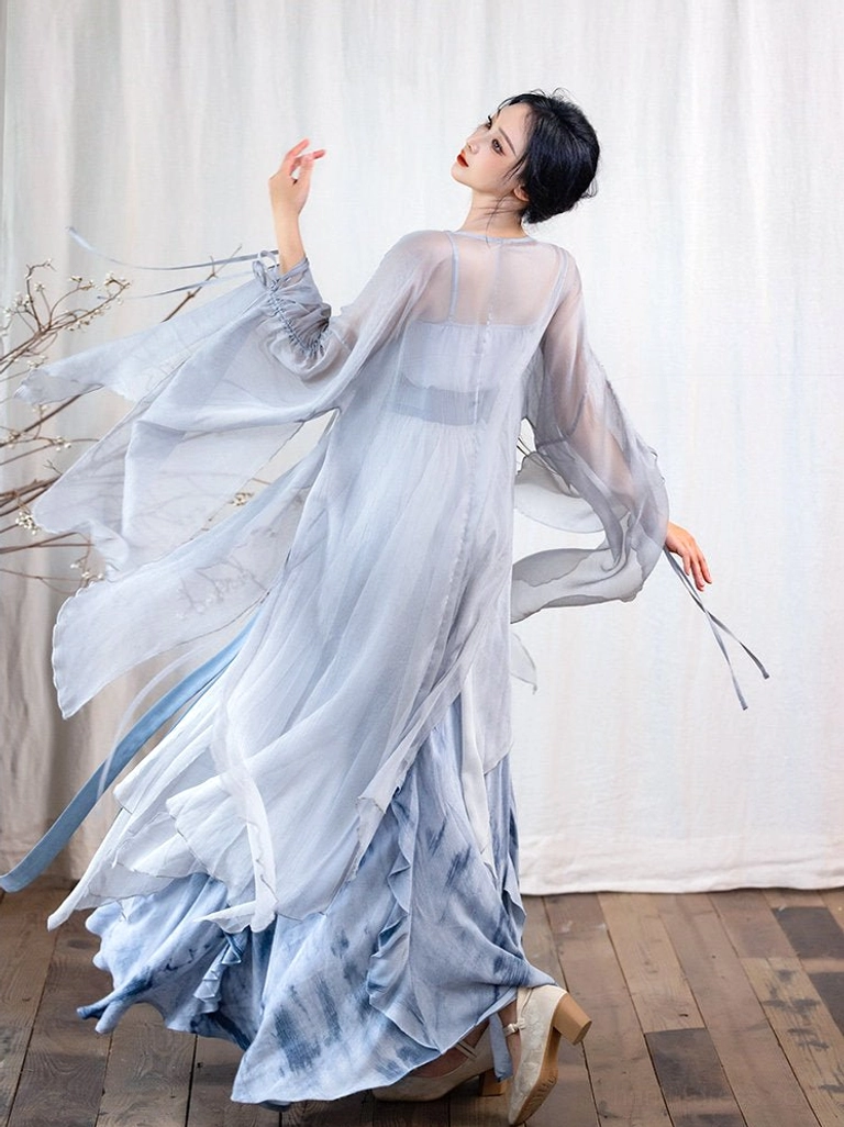 Fallen Whale blue grey Song Dynasty Hanfu back view with long trailing waist sash sheer cardigan and ruffled skirt hem