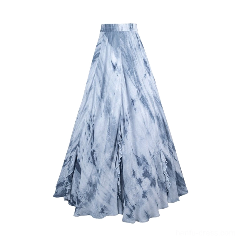 Fallen Whale Song Dynasty Hanfu blue and light grey tie-dye high-waisted long skirt flat lay with flowing ruffled hem