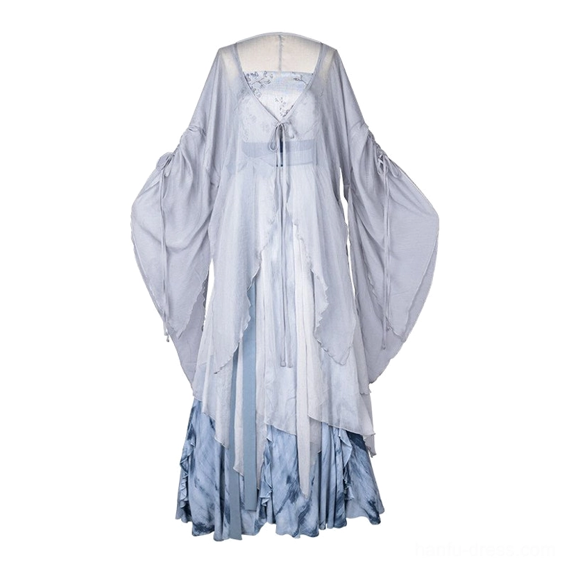 Fallen Whale Song Dynasty Hanfu full set flat lay featuring blue gradient sheer outer layer camisole and layered tie-dye skirt