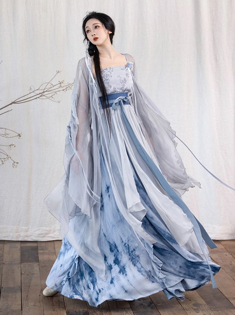 Fallen Whale Song Dynasty Hanfu full set front view with dusty blue sheer cardigan and flowing tie-dye skirt