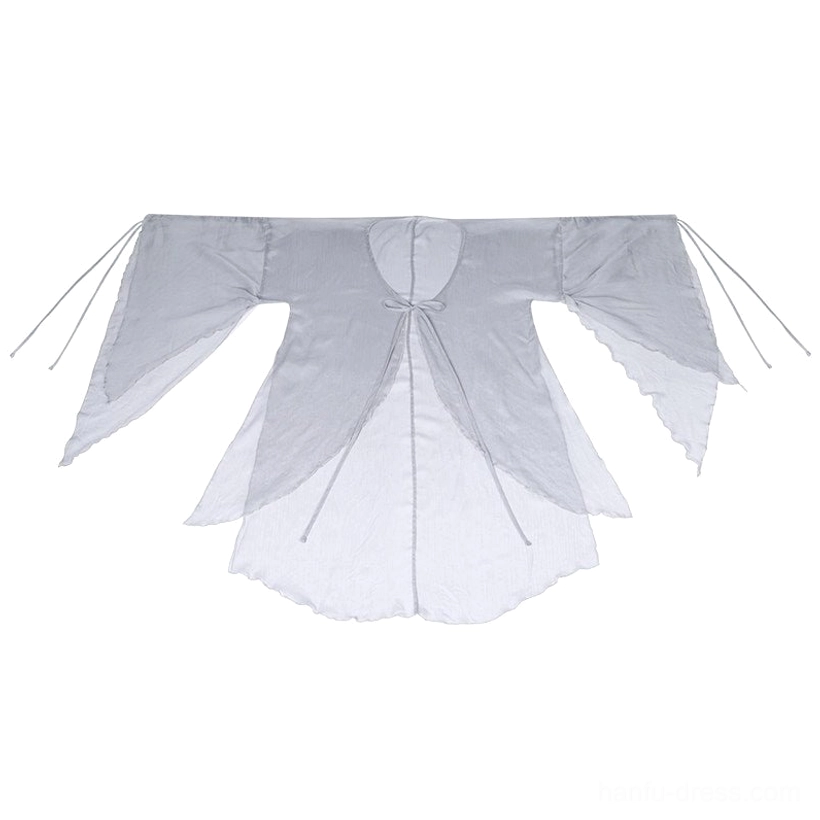 Fallen Whale Song Dynasty Hanfu sheer dusty grey wide-sleeve cardigan flat lay with front tie closure and scalloped hem