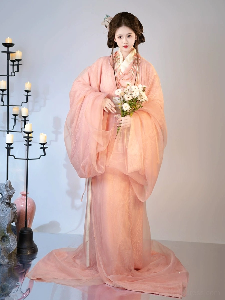 Front view of dusty pink Han Dynasty straight hem hanfu robe set with wide flowing sleeves and long trailing skirt