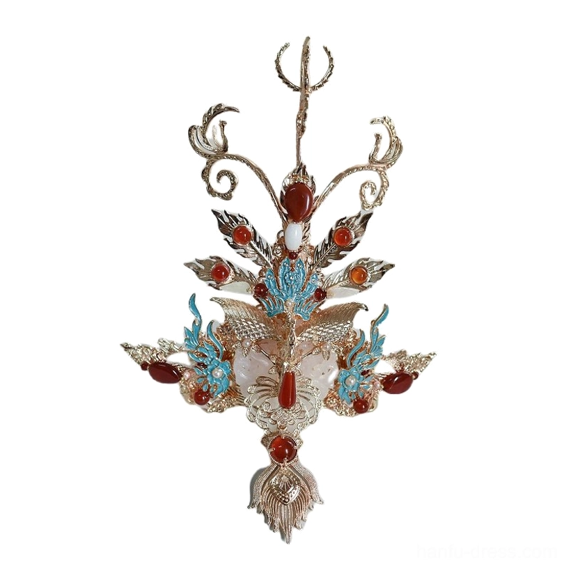 Close-up front view of the ornate central phoenix crown from a Chinese hanfu hair accessories set, featuring upward-curved branches, enamel-style inlays, jewel-like embellishments, and detailed carved metalwork