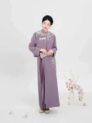 Falling Wisteria modern Ming Dynasty Hanfu full set in dusty purple with embroidered cloud collar and long wrap skirt front view