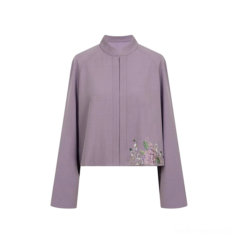 Dusty purple long sleeve modern Ming Dynasty Hanfu cropped top with stand collar hidden placket and wisteria embroidery