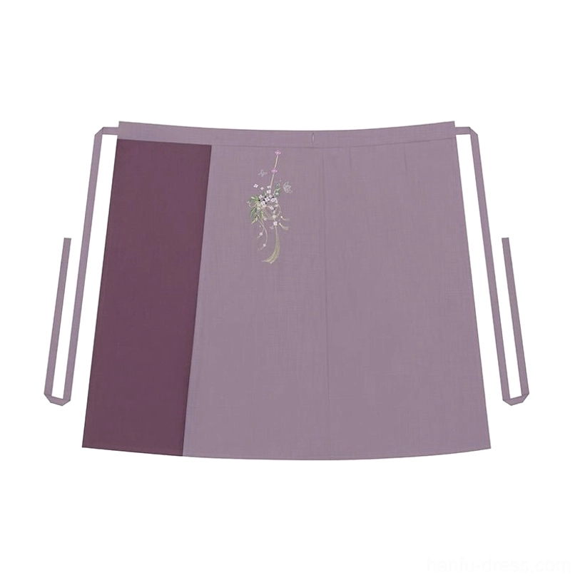 Two-tone purple long Hanfu wrap skirt with waist ties and delicate floral embroidery front flat lay