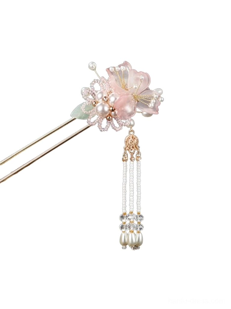 Full view of Fanghua double-prong floral pearl tassel hairpin for hanfu buns on a white background
