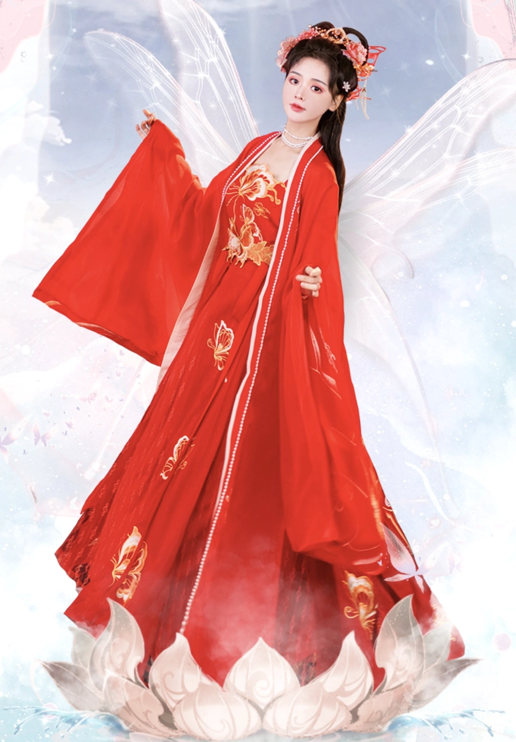 Fantasy portrait of a red Tang Dynasty bridal hanfu with golden butterfly and lotus embroidery, flowing wide sleeves, traditional flower hair ornaments, and ethereal lotus wedding backdrop