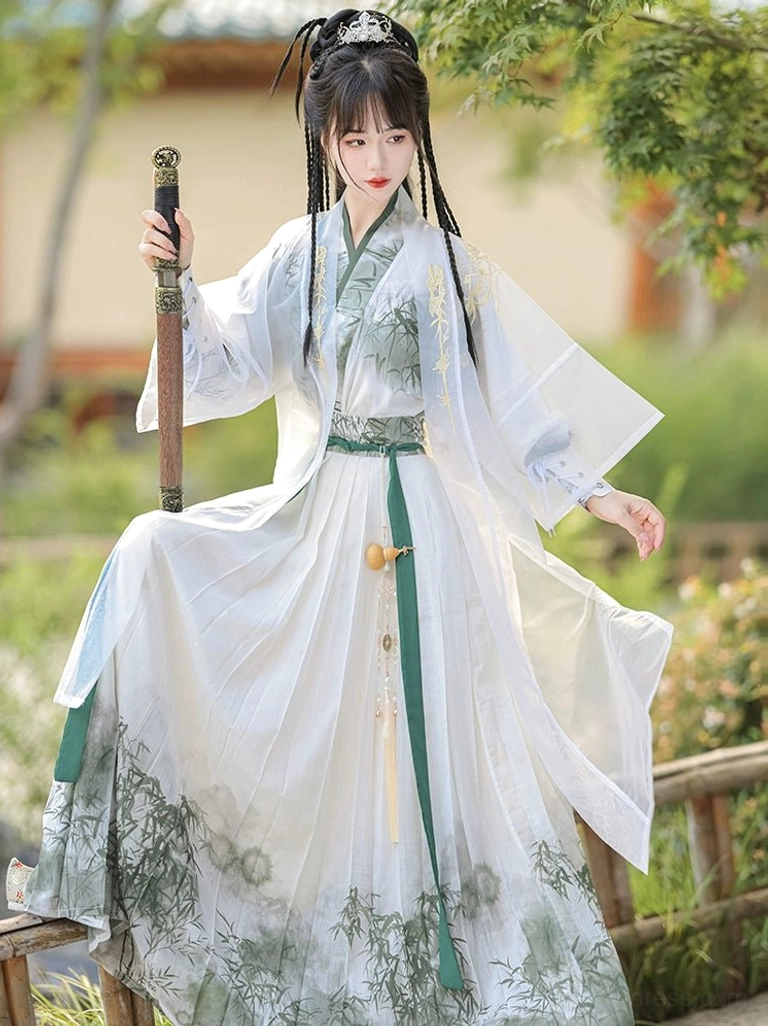 Fantasy wuxia swordsman Hanfu in white and green with bamboo skirt sheer outer coat tassel pendant and traditional sword