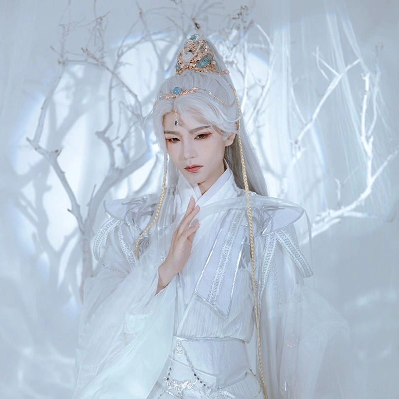 Side view of a model wearing an ornate Chinese Hanfu hair accessories set with decorative crown, forehead chain, and tassel pendant