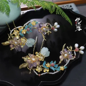 Fei Xian Ling blue floral hanfu hairpin and coordinated traditional Chinese hair ornament set with gold tone details pearls and jade look petals
