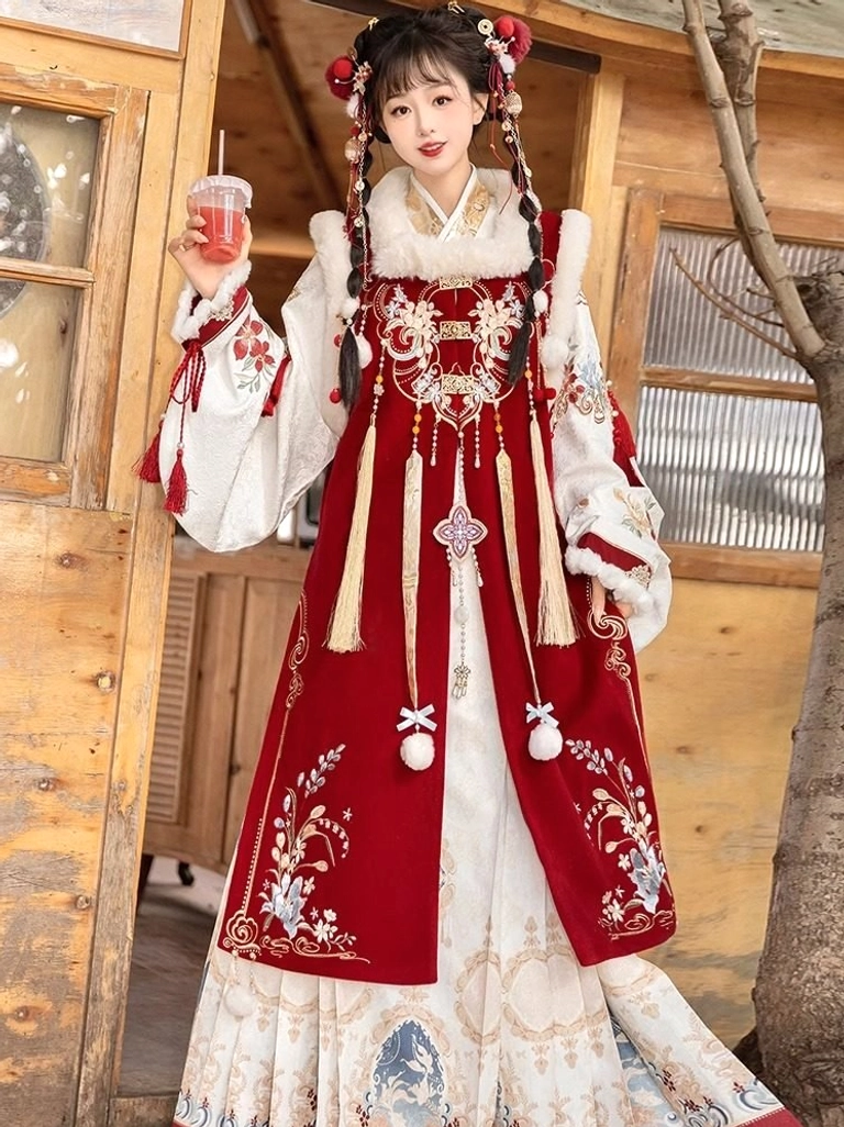 Detailed front three-quarter view of a festive Chinese New Year hanfu dress featuring golden chest embroidery, white fluffy collar, hanging tassel ornaments, floral sleeves, and red decorations