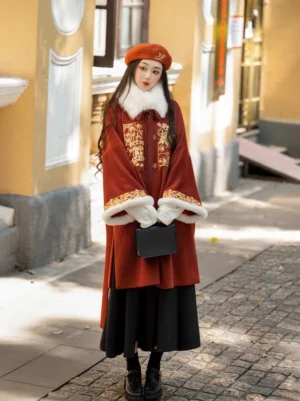 Full-body view of a deep reddish-brown Ming style Hanfu jacket with white fluffy collar and cuffs, gold Sijunzi botanical embroidery, square metal clasps, and festive Chinese New Year styling