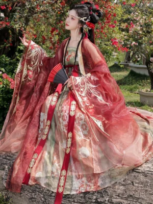 Festive red embroidered Hanfu outfit with long qixiong dress train, flowing sheer sleeves, traditional Chinese styling, and folding fan