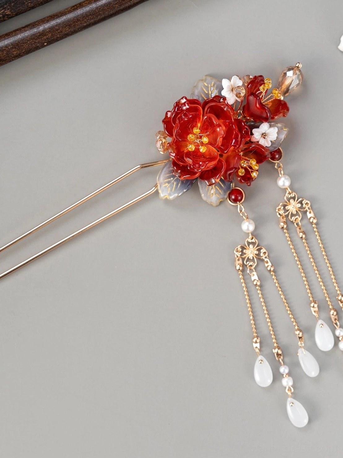 Festive red flower Hanfu hairpin with white floral accents gold chain tassels oval pearl inspired pendants and red beads