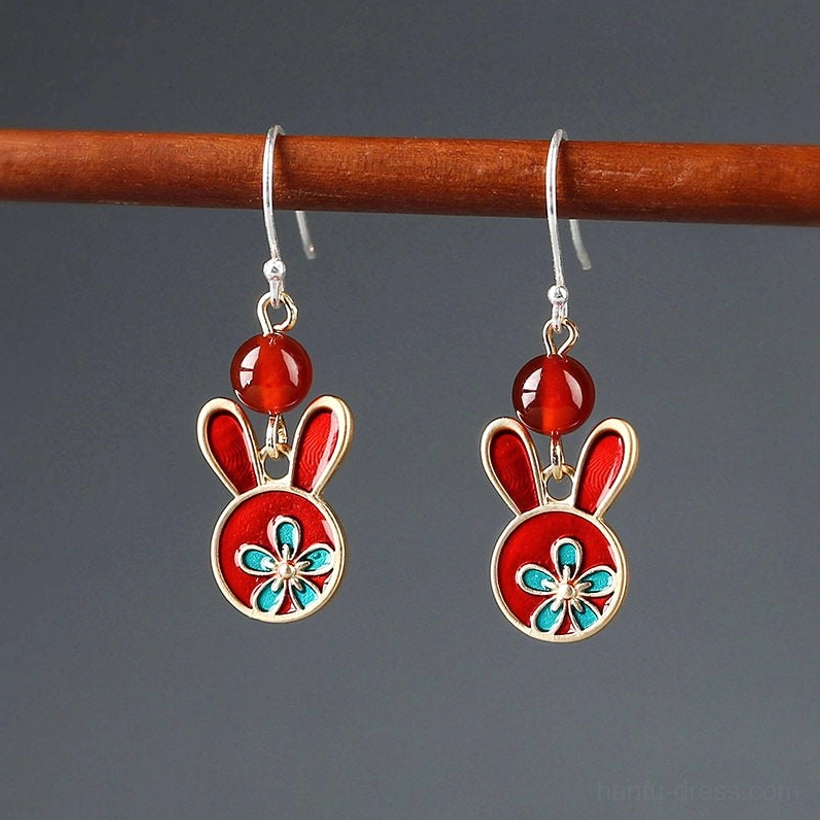 Festive red rabbit drop earrings with 925 silver hook ear wires, red agate beads, and blue floral enamel rabbit charms