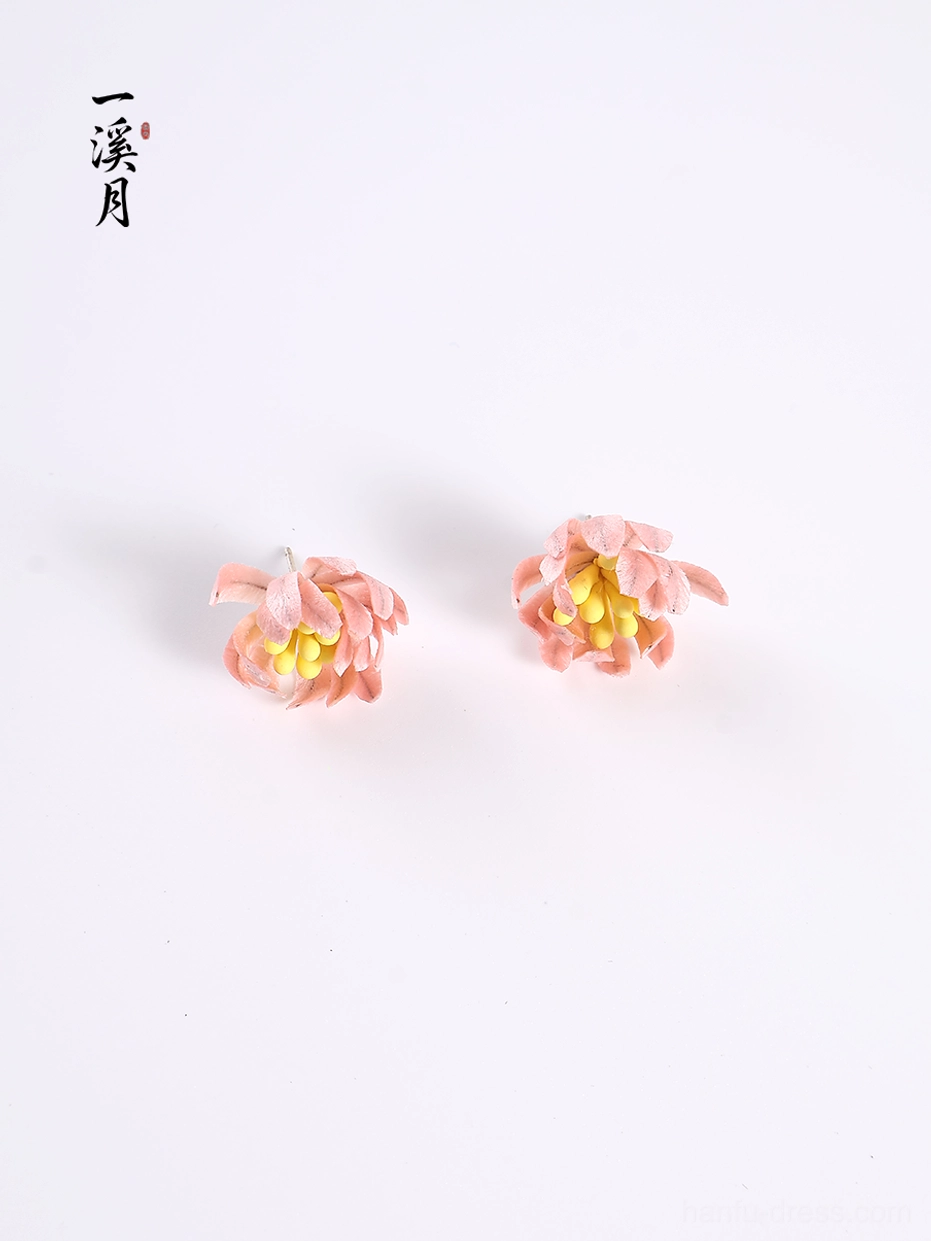 Finished pair of pink chrysanthemum flower stud earrings with realistic velvet petals and yellow centers arranged symmetrically