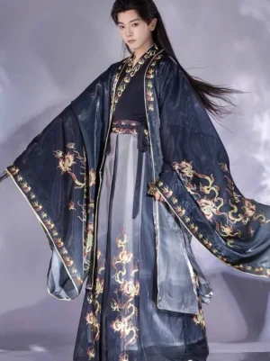 Fire Decree dragon hanfu for men three-quarter side view showing flowing black outer robe gold trim and grey wrap skirt