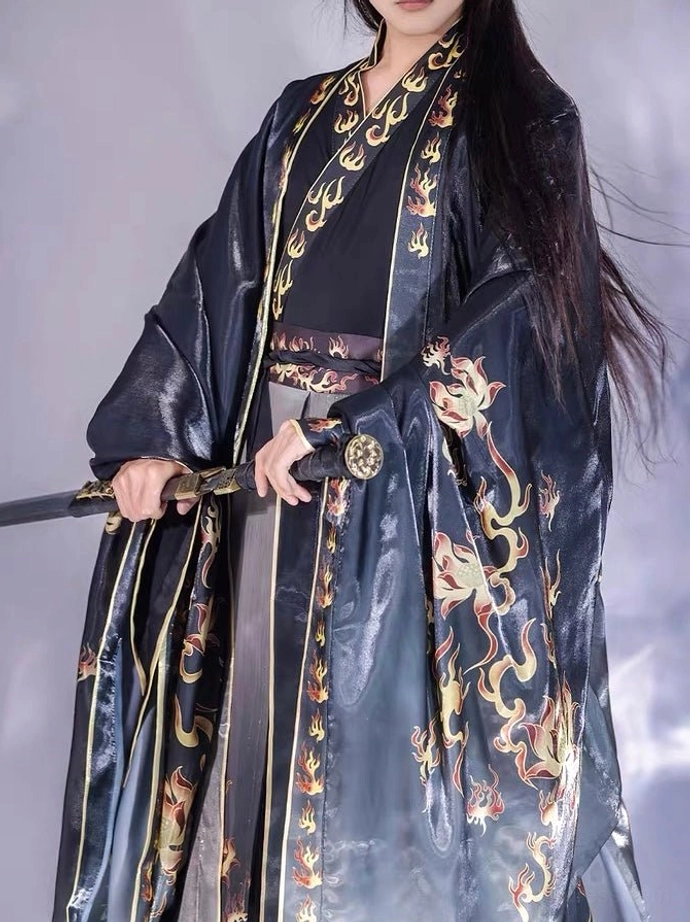 Fire Decree men wuxia hanfu upper body detail with glossy black fabric golden flame decoration dual swords and waist ornament