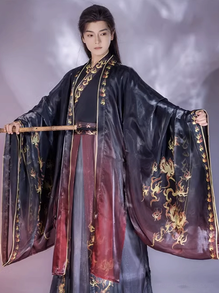 Fire Decree Wei Jin wuxia hanfu for men full front view with black wide-sleeved robe gold flame motifs and red grey qiyao skirt