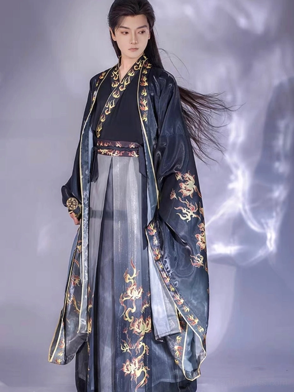 Fire Decree wuxia hanfu male back three-quarter view with large flame design on black robe and sword at waist