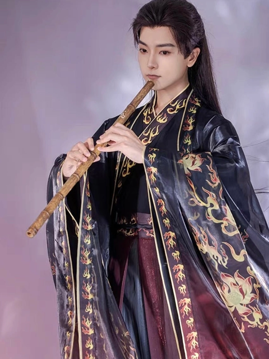 Fire Decree wuxia style hanfu male front portrait with cross collar gold flame patterns and wooden flute in purple mist studio