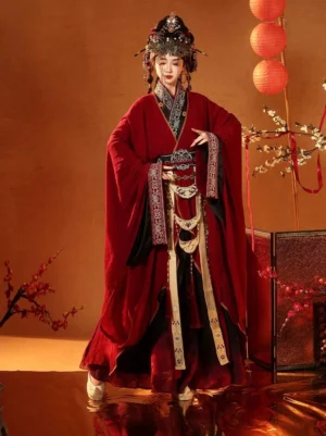 Front view of Fire Lotus Han Dynasty hanfu wedding set showing crimson straight-hem robe wide sleeves embroidered collar trim and layered skirt