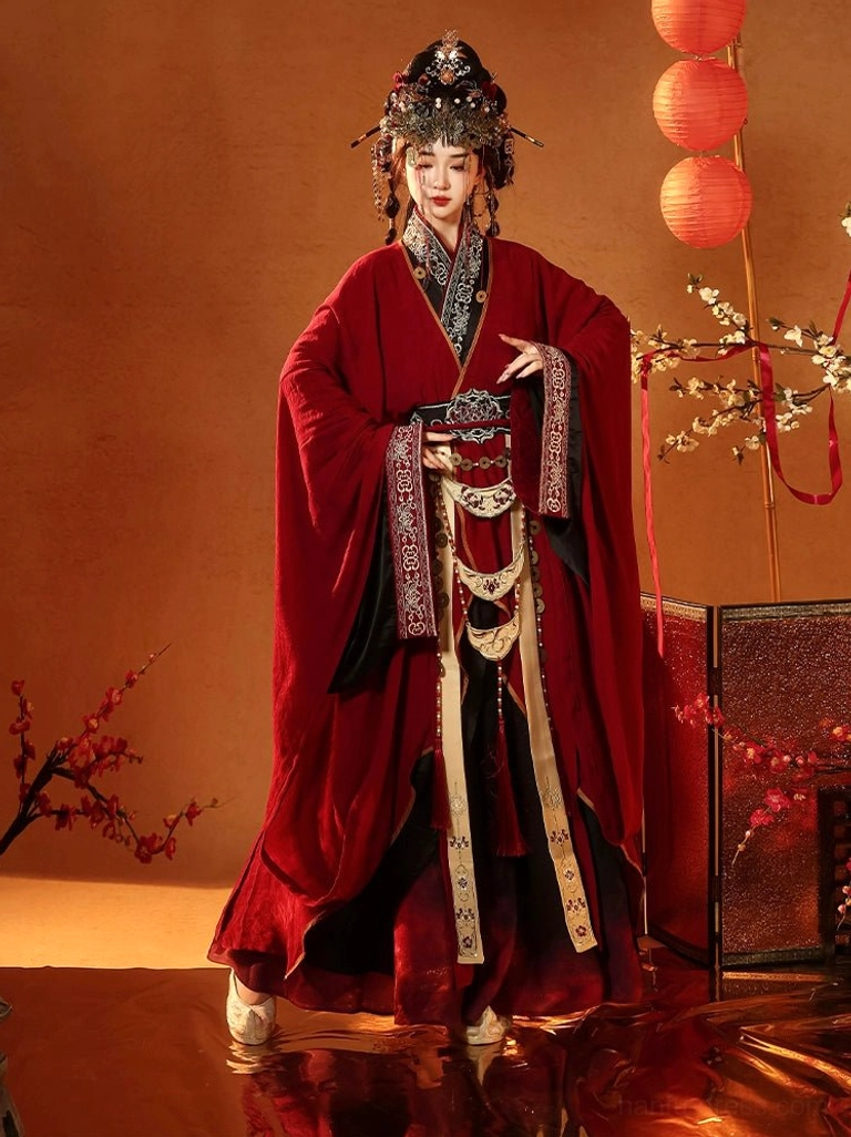 Front view of Fire Lotus Han Dynasty hanfu wedding set showing crimson straight-hem robe wide sleeves embroidered collar trim and layered skirt