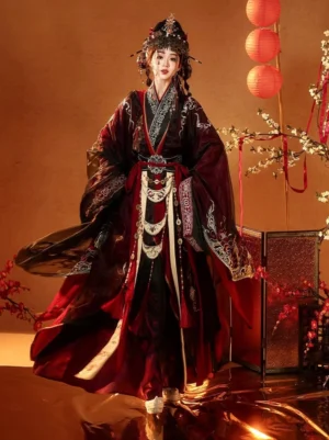 Fire Lotus Warring States and Han Dynasty wedding hanfu set in deep red and black with wide sleeves gold embroidery and layered ceremonial robes front three-quarter view