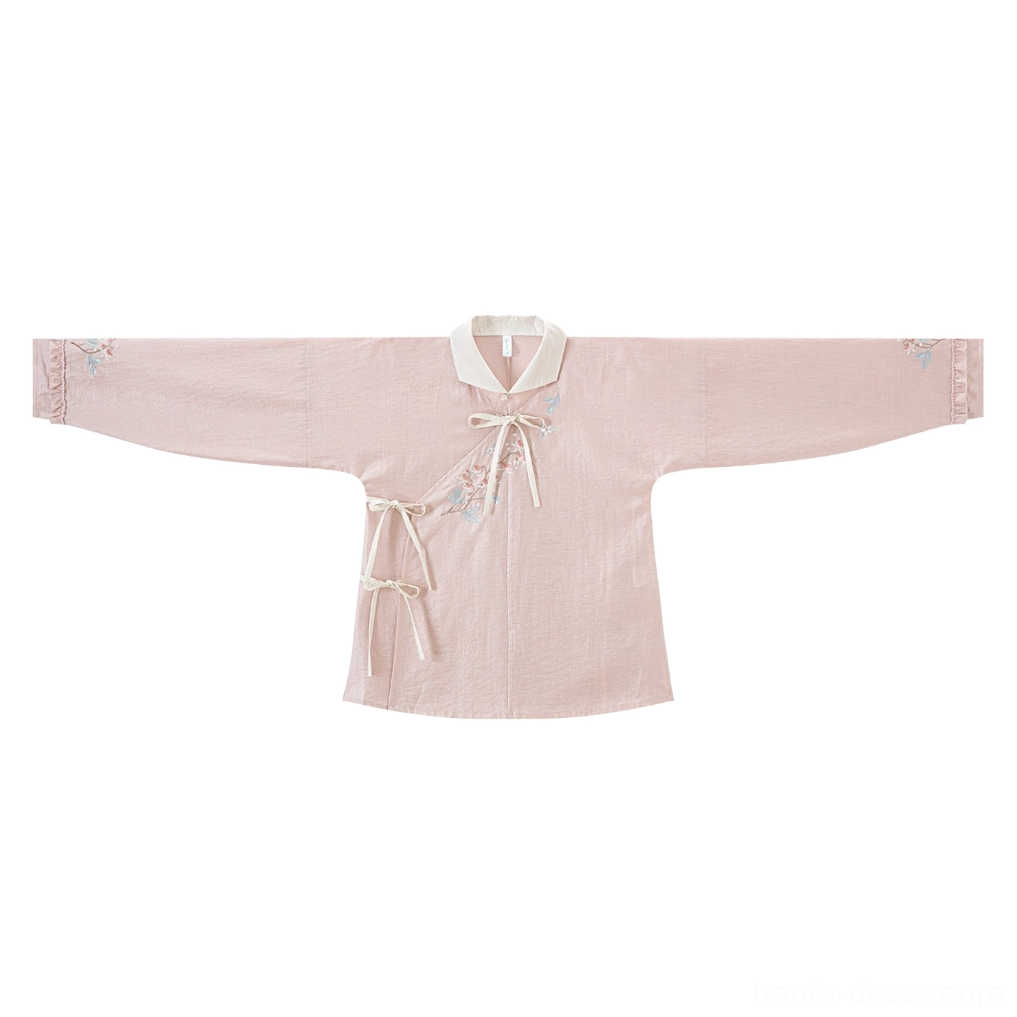 Flat lay of dusty pink long sleeve Ming-inspired hanfu top with standing collar bow closures and floral embroidery