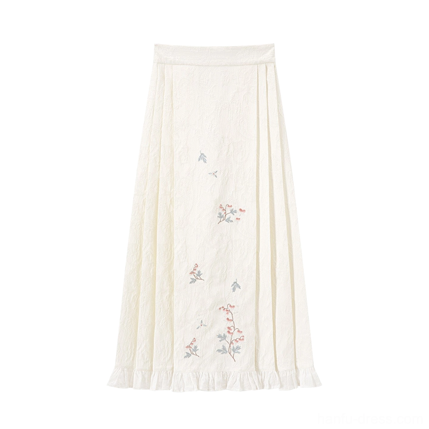 Flat lay of ivory fish and peony mamian skirt with pleated horse face skirt panels floral details and ruffled hem