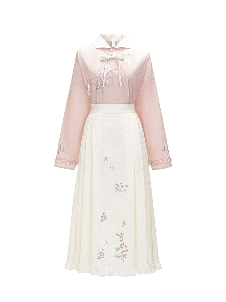 Flat lay of Fish and Peony Ming-inspired hanfu full set with dusty pink shirt and ivory pleated horse face skirt